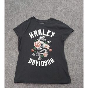 Harley Davidson Shirt Womens Large Black Tee Graphic Snake Roses Short Sleeve